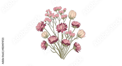 Elegant bouquet of blooming pink flowers conveys love and romance for Valentine's Day designs or beautiful spring wedding invitations