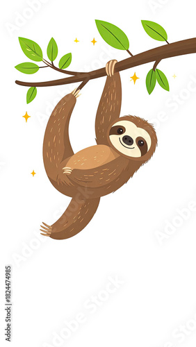 Charming cartoon sloth with a smile hanging from a leafy tree branch.