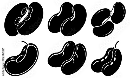 Illustration showing six stylized black beans in various arrangements and configurations on white background