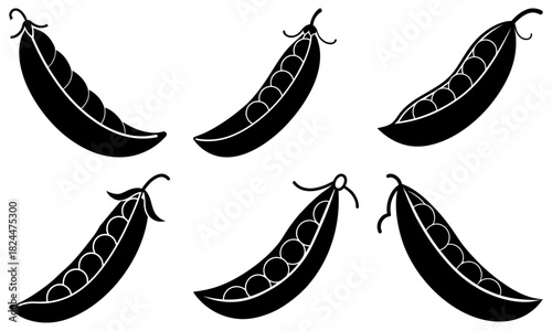 Six black and white pea pods with visible peas arranged symmetrically on a white background design