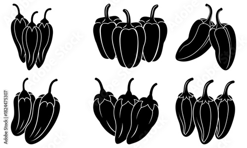 Illustration showing six groups of peppers in black and white with varying number of peppers in each group