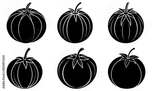 Illustration of six stylized black tomatoes with stems and leaves in two rows of three each