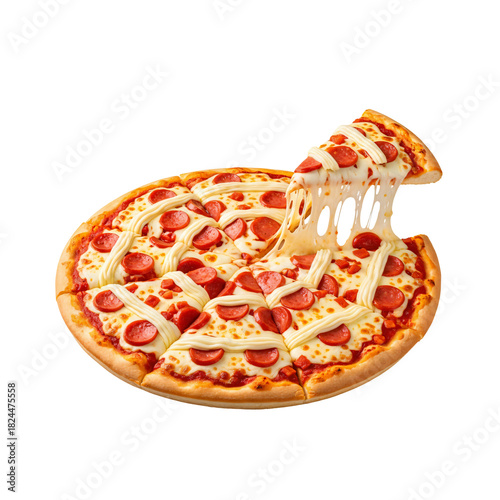 Pepperoni and creamy cheese pizza against a transparent background. It's sliced into eight pieces, and one slice is being lifted from the main pie.