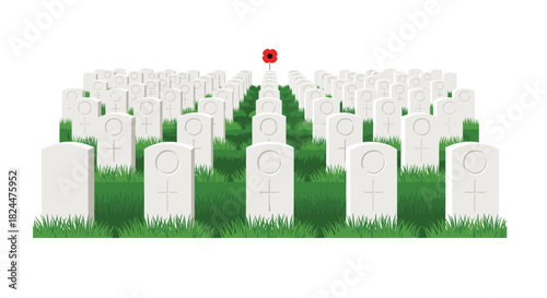 Solemn remembrance with endless rows of graves, a single red poppy standing as symbol of remembrance, honor the fallen, and respect