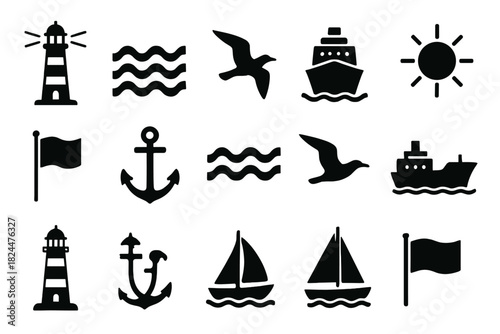 Nautical & Marine Icons – Lighthouse, Anchor, Waves & Boat Vector Set