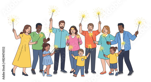 Joyful diverse family celebration with sparklers creating magical memories on special holidays or festive occasions of community spirit