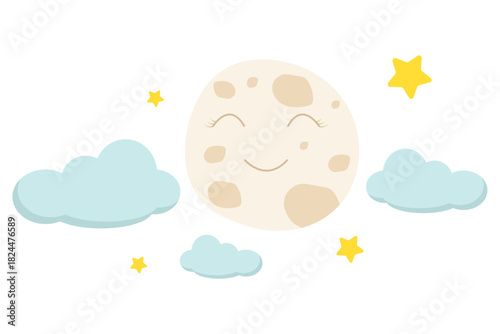Cute smiling moon with clouds and stars on a white background. Whimsical, gentle design perfect for baby, nursery, or bedtime themes.