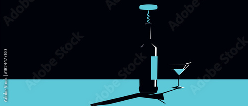 Wine bar poster, restaurant banner, alcohol sign, menu, wine list, illustration of a bottle of alcohol, a cocktail glass, and a corkscrew. Party concept, drinking, white wine, Cabernet, Chardonnay