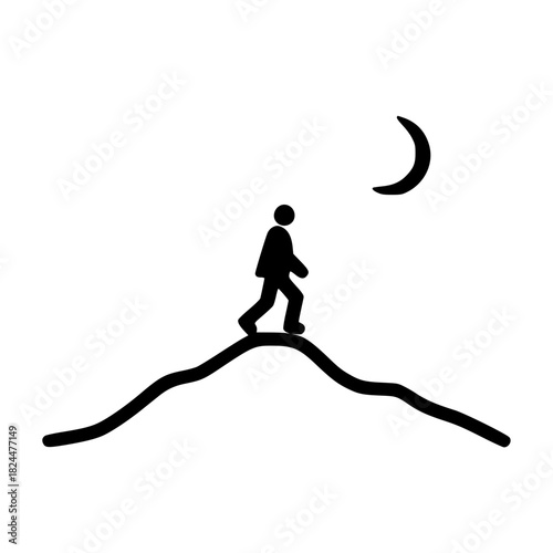 Mountain hiking icon with climber silhouette adventure vector illustration outdoor travel concept design