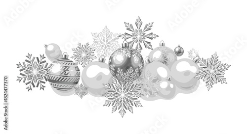 Elegant silver Christmas ornament and snowflake arrangement for sophisticated holiday designs or seasonal promotions with a modern, clean aesthetic