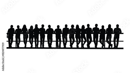 Group of diverse people silhouettes leaning on railing isolated on white background, Vector