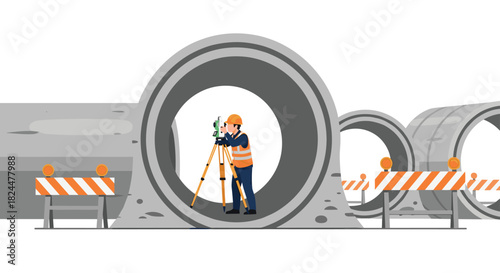 Construction surveyor at work using theodolite equipment in concrete pipes, ensuring precision and accuracy for infrastructure development
