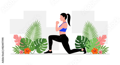 Athletic woman in activewear performs a lunge workout for fitness and wellness, surrounded by decorative tropical foliage