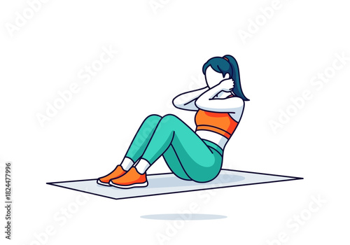 Vibrant illustration of a woman engaging in a sit-up exercise on a mat, emphasizing core strength training and abdominal muscle development for overall fitness and well-being