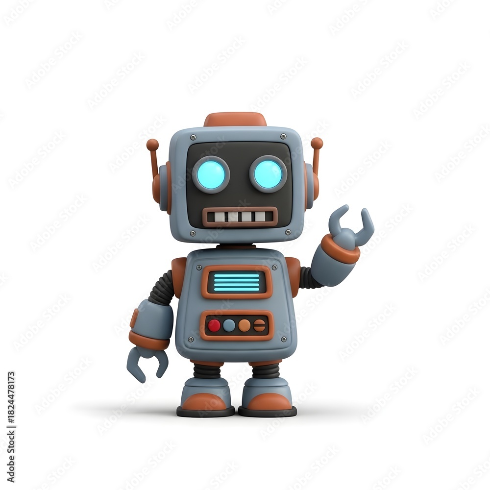 Fototapeta premium Cute Retro Robot Character – 3D Clay Render with Glowing Blue Eyes