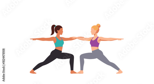 Two Women Practicing Partner Yoga in Warrior Two Pose