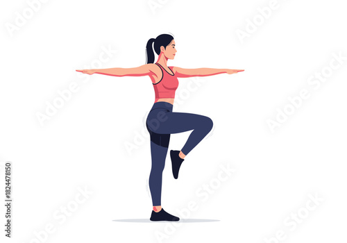 Woman balancing on one leg with arms extended for yoga or exercise routine, fitness concept