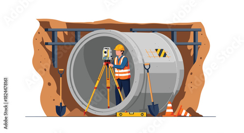 Hardworking construction surveyor using theodolite on site to check concrete pipes during installation for modern civil engineering project