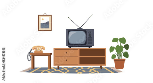 Nostalgic retro living room decor with vintage television, rotary phone, and potted plant brings a cozy, timeless feel to any design