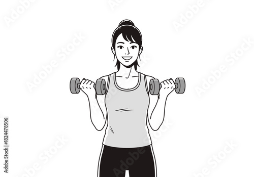 Smiling woman engaged in strength training with dumbbells, confidently performing a bicep curl exercise as part of her fitness routine for health and well-being