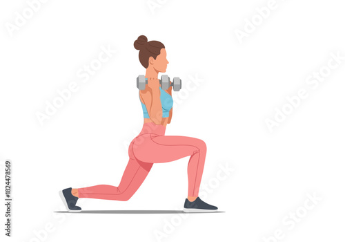 Fitness Woman Performing Dumbbell Lunges Exercise on White Background