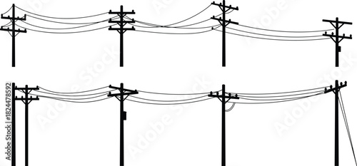 Silhouette of electrical power poles with hanging wires, electricity transmission lines, urban energy network, infrastructure connection, and industrial utility system