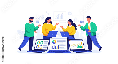 Diverse team collaborating on data analysis and business strategy with laptops and charts