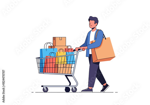 Man pushing shopping cart filled with purchases after visiting stores, shopping bags and boxes