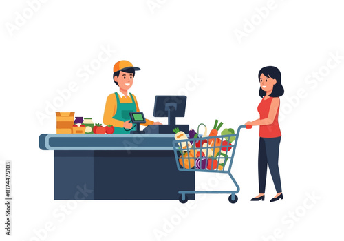 Customer at Checkout Counter with Full Shopping Cart