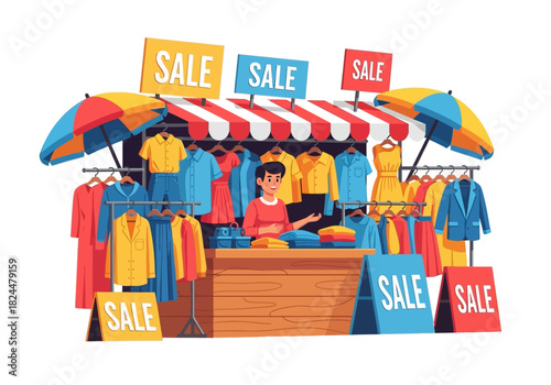 Vibrant retail stall showcasing clothing items on sale with umbrellas and signage