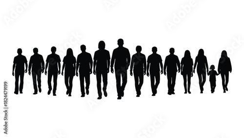 Group of people silhouettes walking isolated on white background, Vector