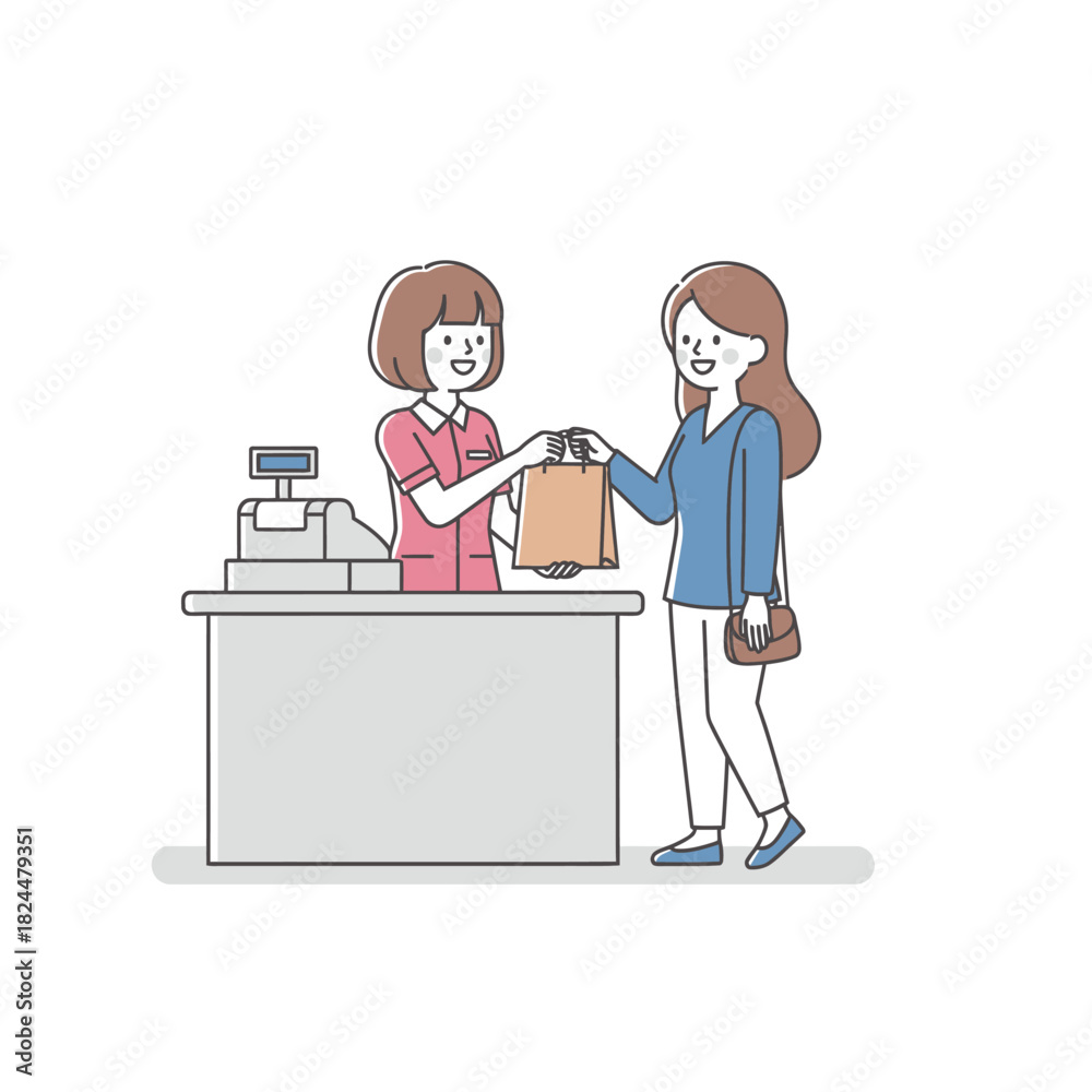 Fototapeta premium Customer receiving shopping bag from cashier at retail store checkout - commerce and customer service