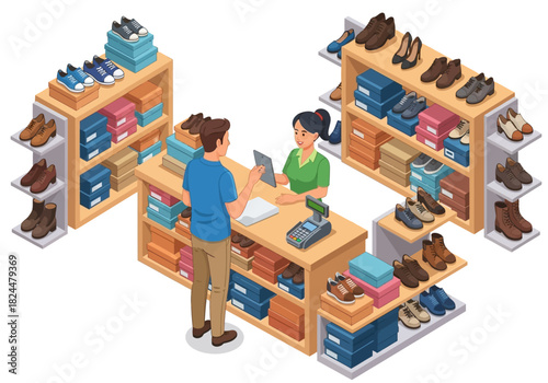 Isometric vector illustration of a man shopping for shoes in a retail store, interacting with a female sales assistant at the checkout counter