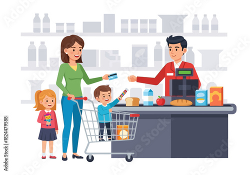 Family buying groceries at supermarket checkout counter
