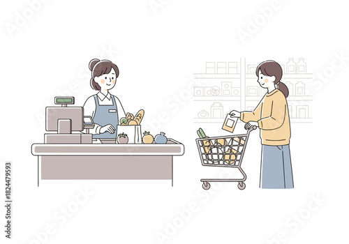 Person with shopping cart buying groceries at checkout counter with cashier assisting