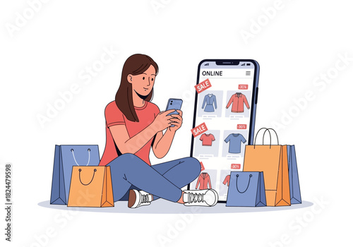 Happy woman using a mobile phone application to buy fashion apparel online, sitting with her purchases in a modern vector illustration