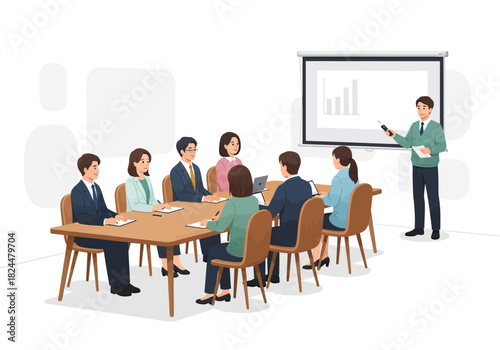Business meeting with a presenter showing a graph on a projection screen to a group of attentive colleagues in a conference room