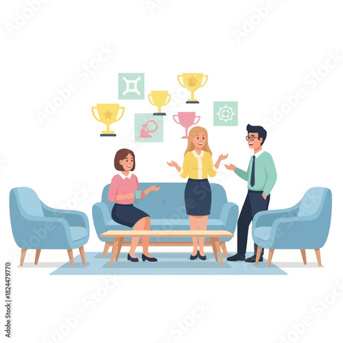 Business professionals discussing achievements in a modern office setting with trophy icons symbolizing success