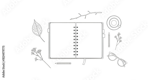 Minimalist open notebook with botanical elements for creative planning and mindful journaling in clean aesthetic flat lay scene