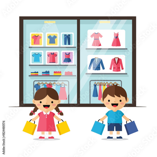 Young children filled with excitement showcase their successful shopping spree, proudly holding bags in front of a vibrant clothing boutique, embodying the pure joy and fun of retail discovery