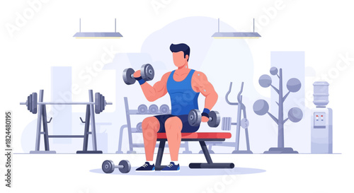 Determined Man Engaged in Strength Training with Dumbbells at a Modern Fitness Center, Showcasing a Healthy and Active Lifestyle, Vector Illustration