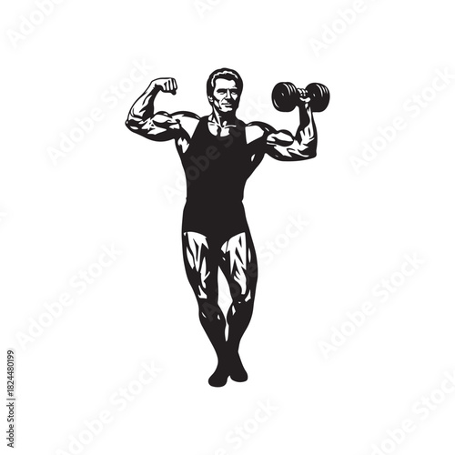 Muscular man flexing biceps with dumbbell, fitness strong male