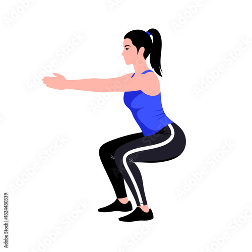 Side View Vector Illustration of a Woman Doing a Squat Exercise for Fitness and Wellness