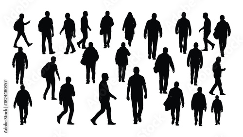 Collection of walking people silhouettes isolated on white background, Vector