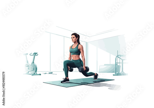 Determined young woman performing a challenging lunge exercise with dumbbells, focusing on strength training and physical fitness in a modern workout environment