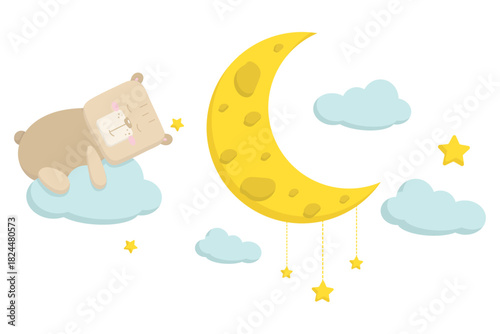 Cute cartoon bear sleeping on a cloud next to a smiling yellow crescent moon and stars. Perfect for baby, nursery, or bedtime themes.