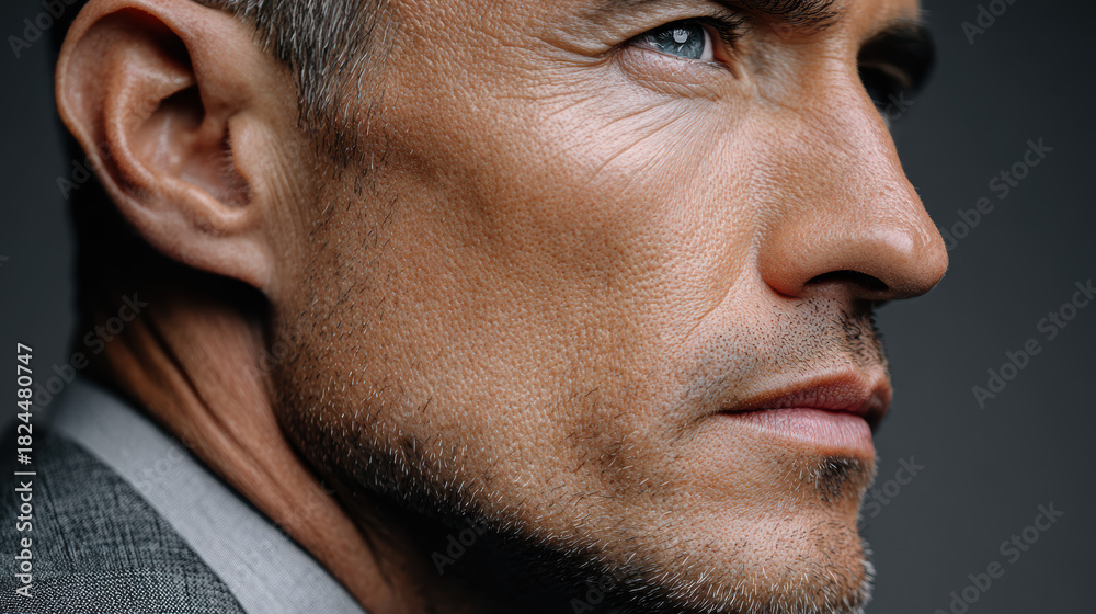 Obraz premium Close up profile portrait of serious mature caucasian man with confident expression. Handsome businessman in suit looking away with focus and determination