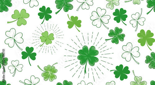 A seamless pattern of various green shamrocks and four-leaf clovers on a white background, symbolizing luck and St. Patrick's Day.