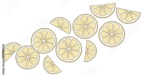 Vibrant lemon slices arranged on white background providing fresh, zesty, and summery feeling perfect for healthy lifestyle promotions