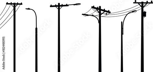 Silhouette of electricity poles and street lights with power cables on white background, urban electric infrastructure, energy distribution network system